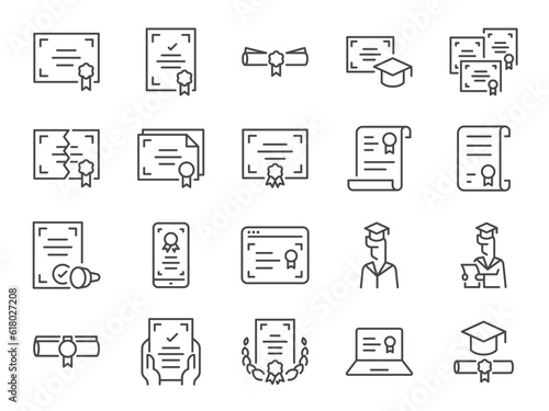 Certificate icon set. It included diploma, certificated, authorization, verification, and more icons. Editable Vector Stroke.