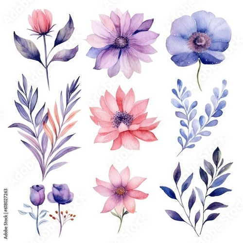 Watercolor flowers. Set Watercolor of multicolored colorful soft flowers. Flowers are isolated on a white background. Flowers pastel colors. generative ai