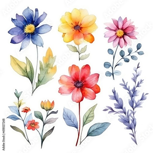 Wallpaper Mural Watercolor flowers. Set Watercolor of multicolored colorful soft flowers. Flowers are isolated on a white background. Flowers pastel colors. generative ai Torontodigital.ca
