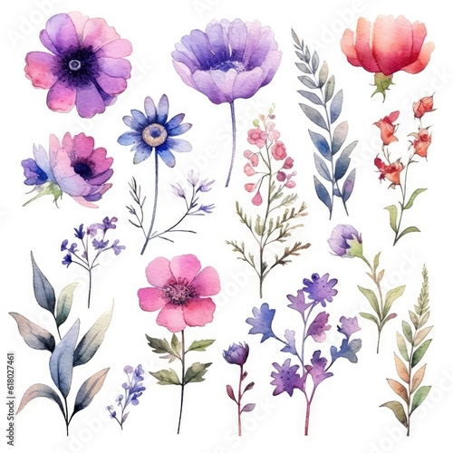 Watercolor flowers. Set Watercolor of multicolored colorful soft flowers. Flowers are isolated on a white background. Flowers pastel colors. generative ai © Nikolai