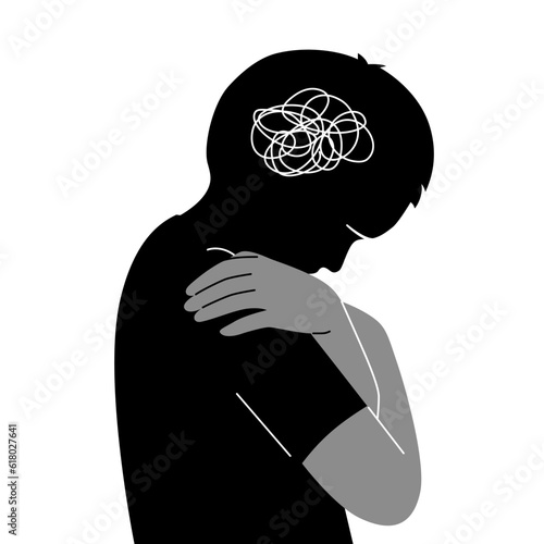 Silhouette of a boy hugging self with sad emotion. Kid mental health concept. flat vector illustration. design for banner and poster.	