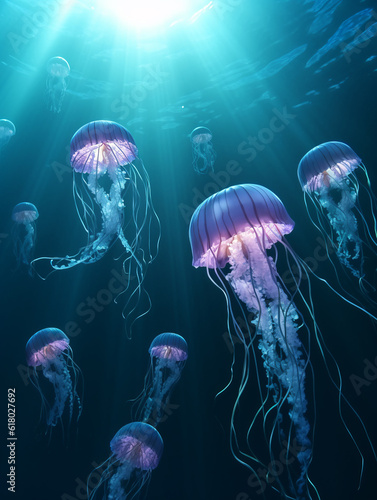 Purple jellyfish with neon light effect in the sea