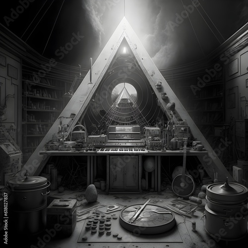 Feral Laboritories as a futuristic alchemy occult music studio Ultra detailed photo realistic black and white phograph  photo