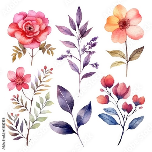 Watercolor flowers. Set Watercolor of multicolored colorful soft flowers. Flowers are isolated on a white background. Flowers pastel colors. generative ai