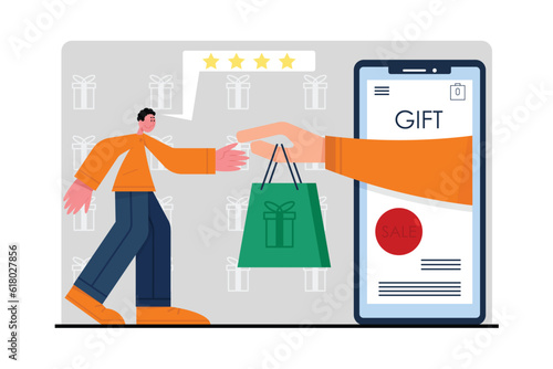 Young man buys gift online. Product rating in mobile application. Payment for purchase and delivery of gift over phone. Saving personal expenses. Color vector illustration