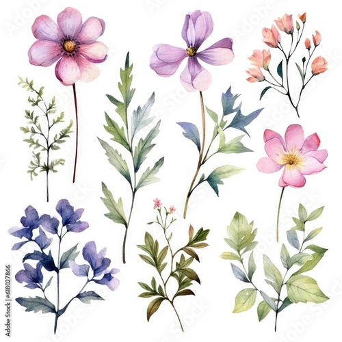 Watercolor flowers. Set Watercolor of multicolored colorful soft flowers. Flowers are isolated on a white background. Flowers pastel colors. generative ai