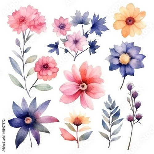 Watercolor flowers. Set Watercolor of multicolored colorful soft flowers. Flowers are isolated on a white background. Flowers pastel colors. generative ai