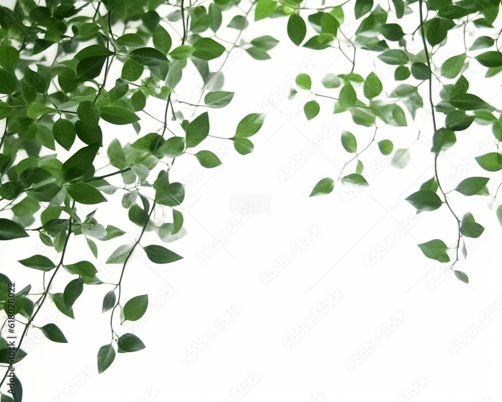 Delicate green leaves elegantly scattered among a pristine white background, evoking a sense of serenity and natural beauty. generative AI. Delicate green leaves elegantly scattered among a pristine white background, evoking a sense of serenity and natural beauty. generative AI.