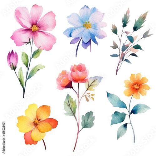 Watercolor flowers. Set Watercolor of multicolored colorful soft flowers. Flowers are isolated on a white background. Flowers pastel colors. generative ai