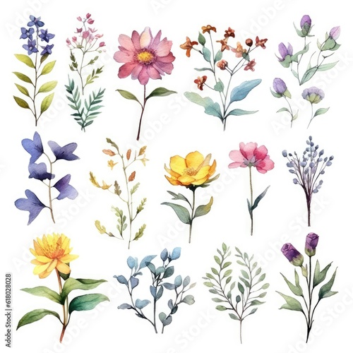 Watercolor flowers. Set Watercolor of multicolored colorful soft flowers. Flowers are isolated on a white background. Flowers pastel colors. generative ai