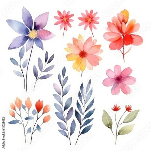 Watercolor flowers. Set Watercolor of multicolored colorful soft flowers. Flowers are isolated on a white background. Flowers pastel colors. generative ai