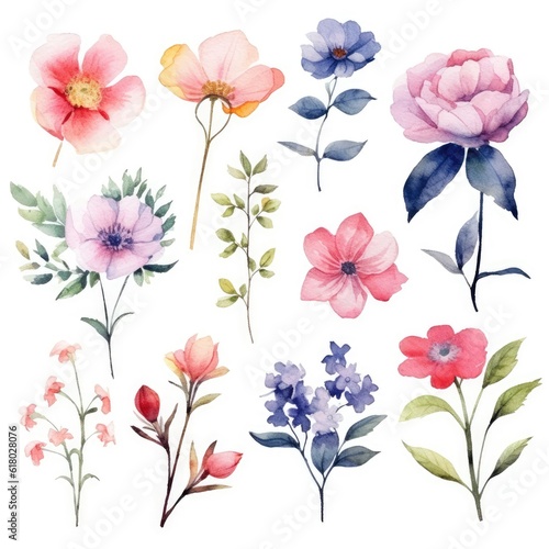 Watercolor flowers. Set Watercolor of multicolored colorful soft flowers. Flowers are isolated on a white background. Flowers pastel colors. generative ai © Nikolai