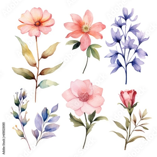 Watercolor flowers. Set Watercolor of multicolored colorful soft flowers. Flowers are isolated on a white background. Flowers pastel colors. generative ai