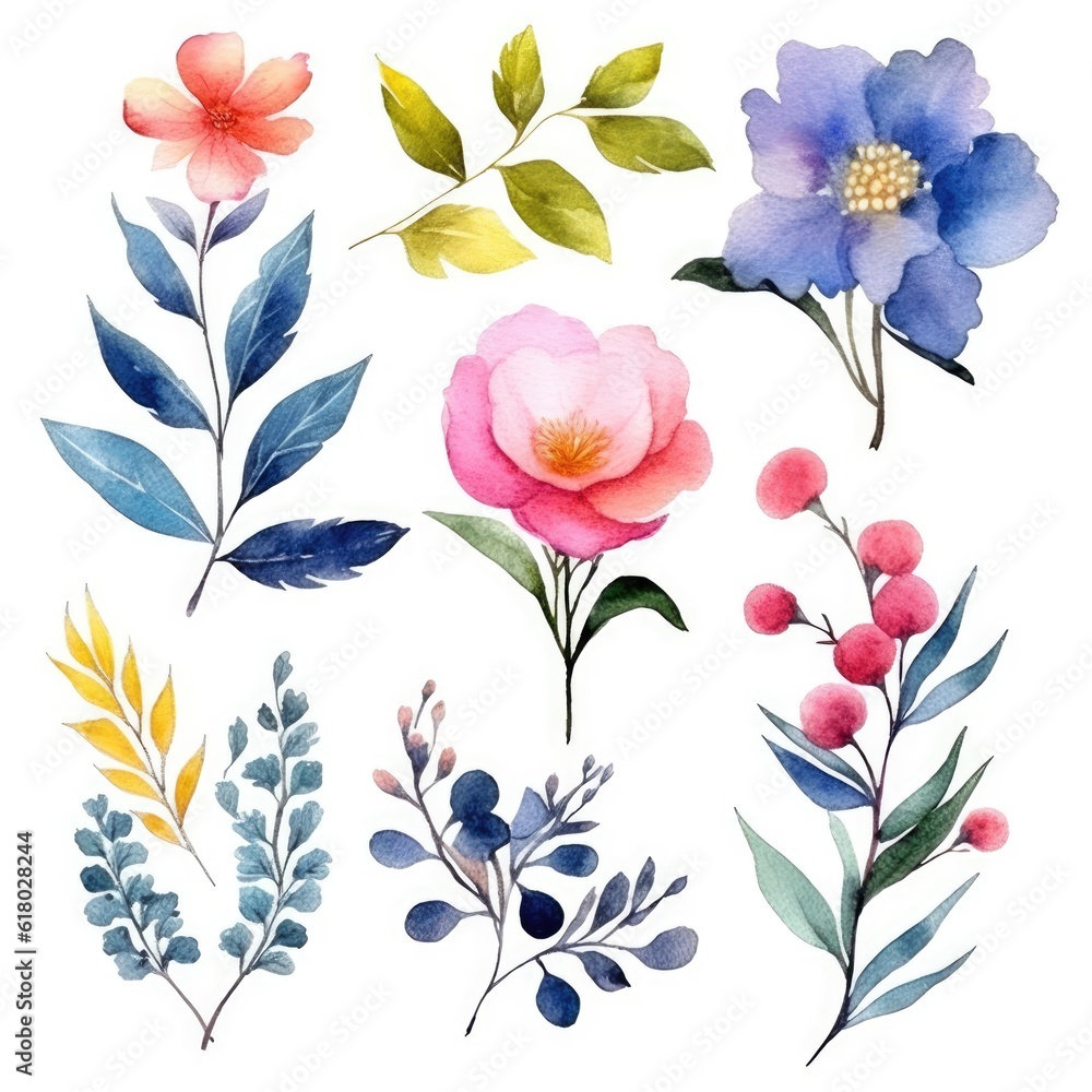 Watercolor flowers. Set Watercolor of multicolored colorful soft flowers. Flowers are isolated on a white background. Flowers pastel colors. generative ai