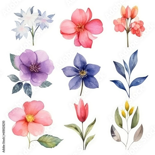 Watercolor flowers. Set Watercolor of multicolored colorful soft flowers. Flowers are isolated on a white background. Flowers pastel colors. generative ai