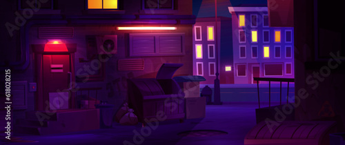Night city backstreet with dim illumination. Vector cartoon illustration of dark alley between modern urban buildings, waste bins, trash bags, cardboard boxes on ground, bright city lights in windows