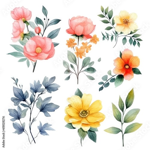 Watercolor flowers. Set Watercolor of multicolored colorful soft flowers. Flowers are isolated on a white background. Flowers pastel colors. generative ai