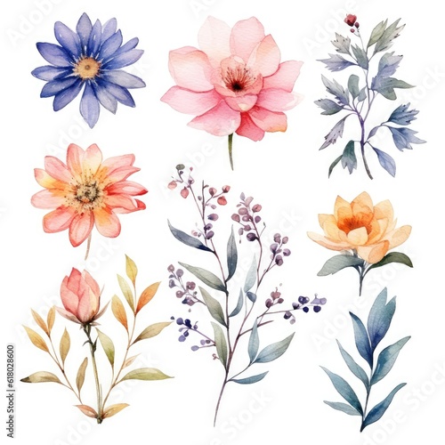 Watercolor flowers. Set Watercolor of multicolored colorful soft flowers. Flowers are isolated on a white background. Flowers pastel colors. generative ai