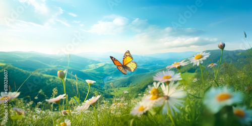 Selcetive focus.multicolor of cosmos blooming flower with butterfly with meadow and mountain view.nature landscape background.generative ai art