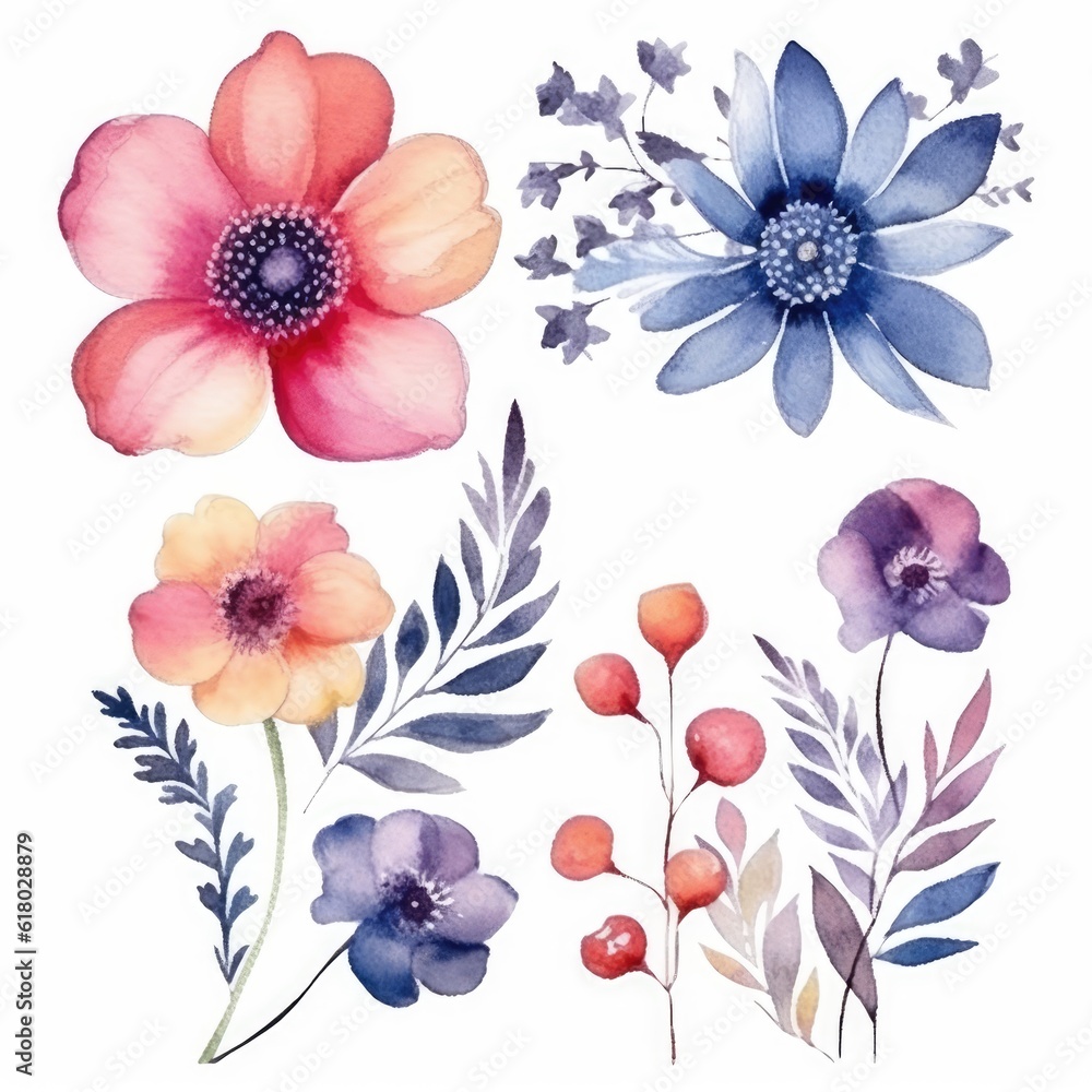 Watercolor flowers. Set Watercolor of multicolored colorful soft flowers. Flowers are isolated on a white background. Flowers pastel colors. generative ai