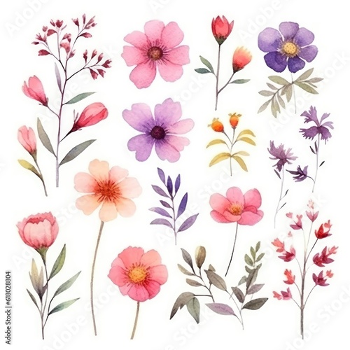 Watercolor flowers. Set Watercolor of multicolored colorful soft flowers. Flowers are isolated on a white background. Flowers pastel colors. generative ai