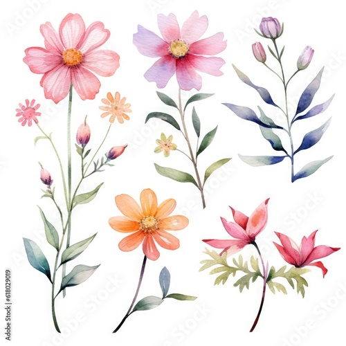 Watercolor flowers. Set Watercolor of multicolored colorful soft flowers. Flowers are isolated on a white background. Flowers pastel colors. generative ai © Nikolai