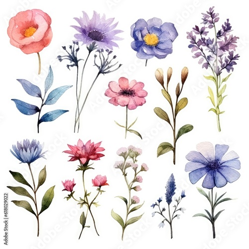 Watercolor flowers. Set Watercolor of multicolored colorful soft flowers. Flowers are isolated on a white background. Flowers pastel colors. generative ai