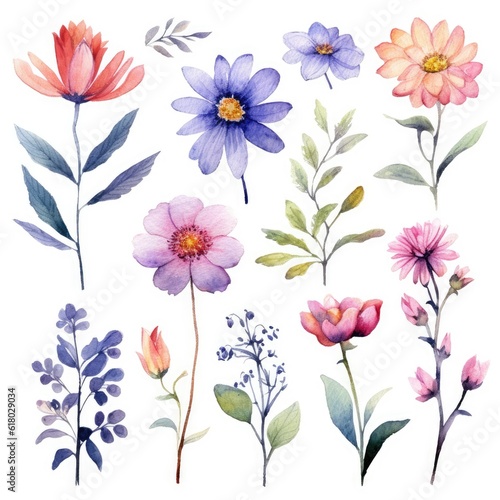 Wallpaper Mural Watercolor flowers. Set Watercolor of multicolored colorful soft flowers. Flowers are isolated on a white background. Flowers pastel colors. generative ai Torontodigital.ca