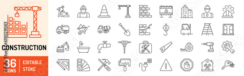 Construction editable stroke outline icons set. Construction, renovation architecture, engineer, building, blueprint and home repair tools. Vector illustration