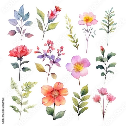 Watercolor flowers. Set Watercolor of multicolored colorful soft flowers. Flowers are isolated on a white background. Flowers pastel colors. generative ai