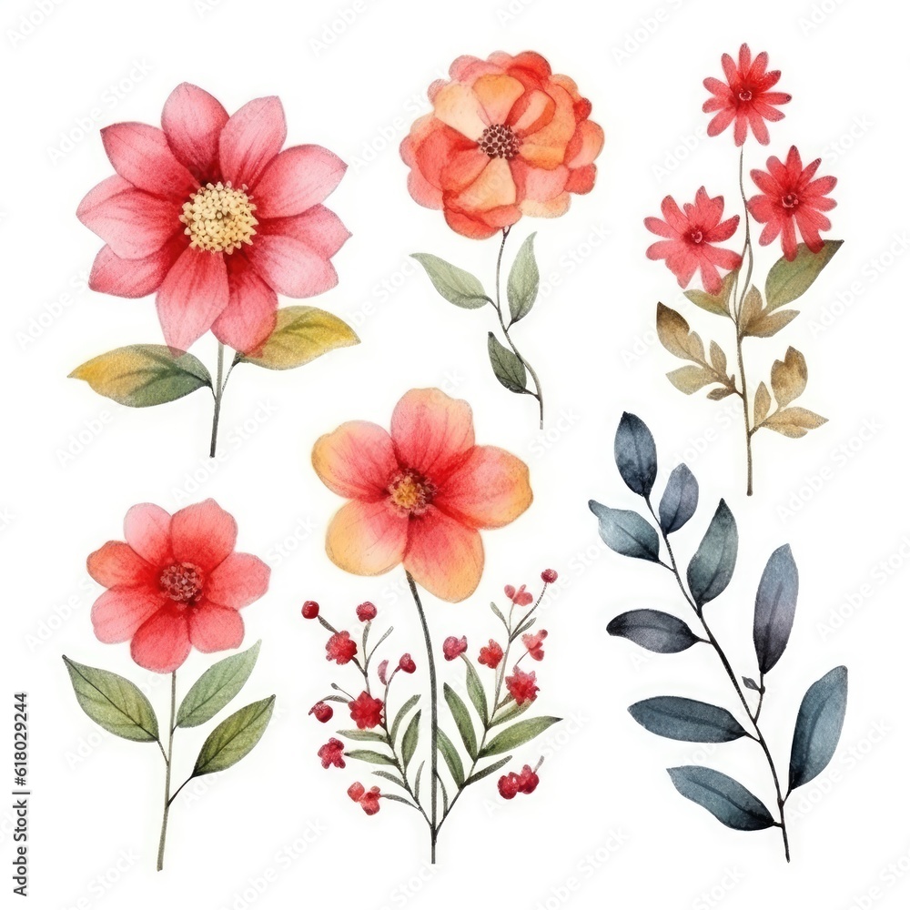 Watercolor flowers. Set Watercolor of multicolored colorful soft flowers. Flowers are isolated on a white background. Flowers pastel colors. generative ai