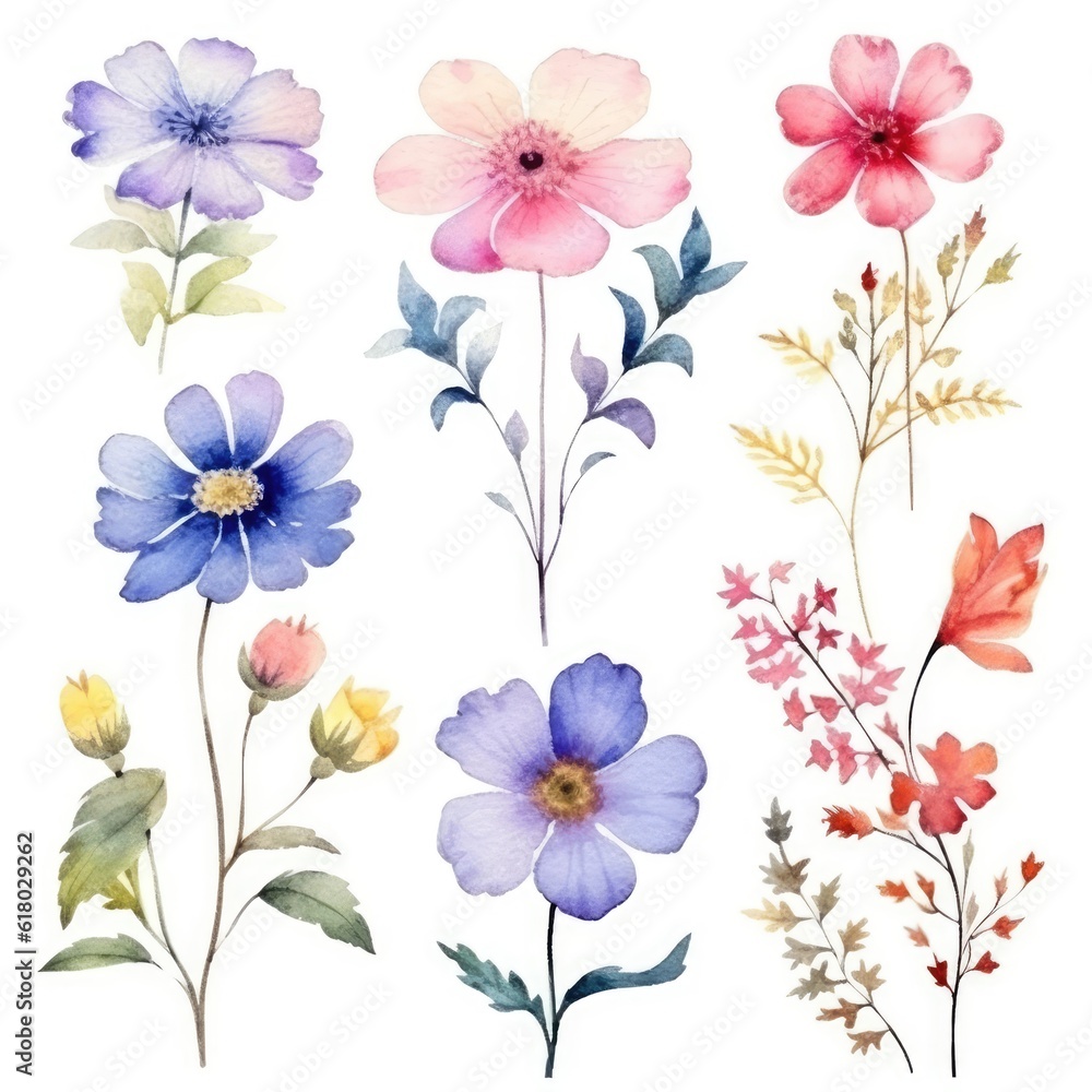 Watercolor flowers. Set Watercolor of multicolored colorful soft flowers. Flowers are isolated on a white background. Flowers pastel colors. generative ai