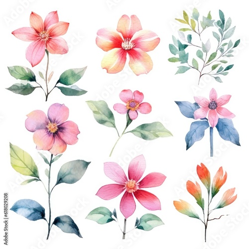 Watercolor flowers. Set Watercolor of multicolored colorful soft flowers. Flowers are isolated on a white background. Flowers pastel colors. generative ai