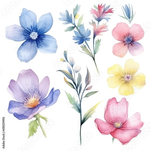 Watercolor flowers. Set Watercolor of multicolored colorful soft flowers. Flowers are isolated on a white background. Flowers pastel colors. generative ai