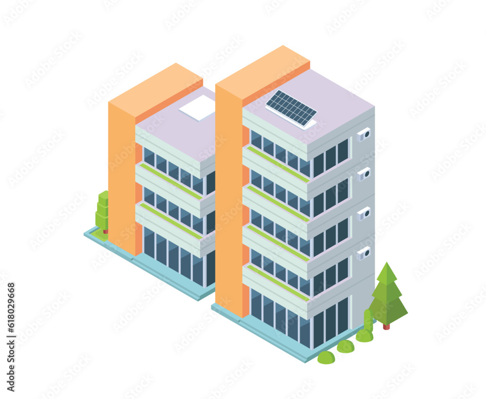 Vector illustration of flat isometric building, office or apartment city illustration element