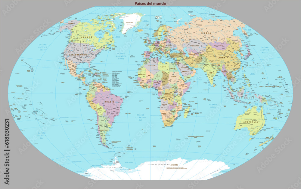 World Map Color Political, Spanish Language Version, Vector Detailed ...
