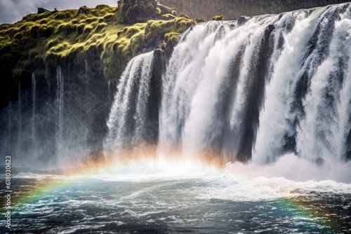 Majestic combination of a waterfall and a vibrant rainbow. Generative AI