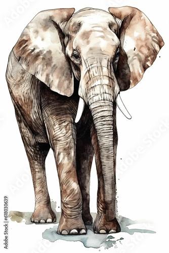 éléphant vue de face, dessin façon aquarelle, animal sauvage de la savane, illustration ia générative