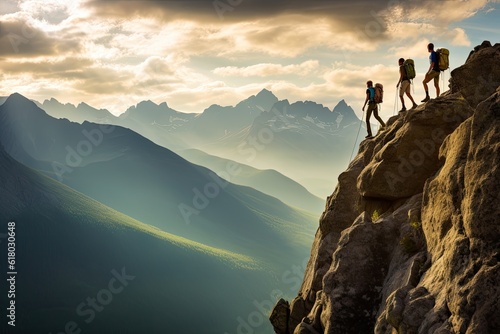 A team of climbers at the top of a high mountain in the light of the setting sun. © YouraPechkin