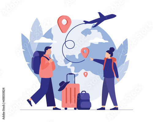 Travel around world. Online journey. Couple is planning their trip. Choosing best route. Travel agency tour abroad. Color vector illustration in flat style