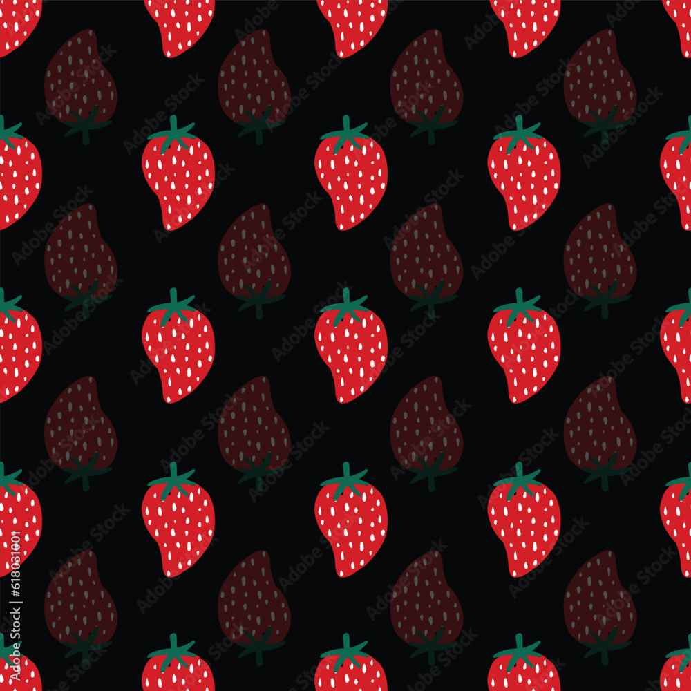 Red strawberry vector repeat pattern on black background Red strawberry vector repeat pattern on black background