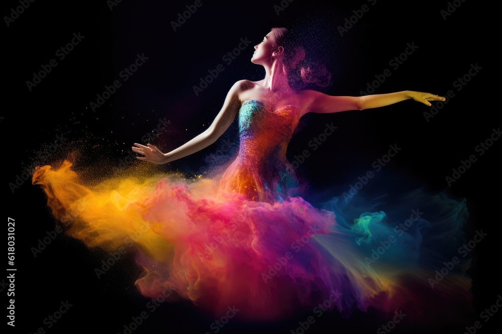 Beautiful ballerina dancing in colorful smoke on black background.. Generated AI