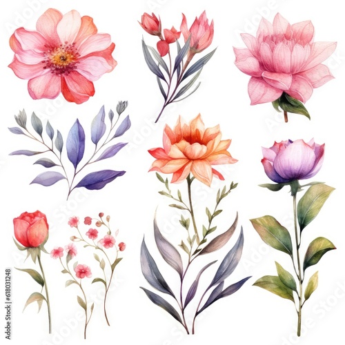 Watercolor flowers. Set Watercolor of multicolored colorful soft flowers. Flowers are isolated on a white background. Flowers pastel colors.