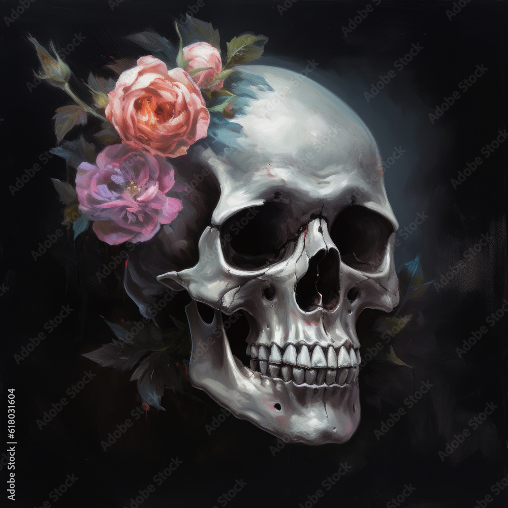 Skull and roses. Digital art. Generative AI.
