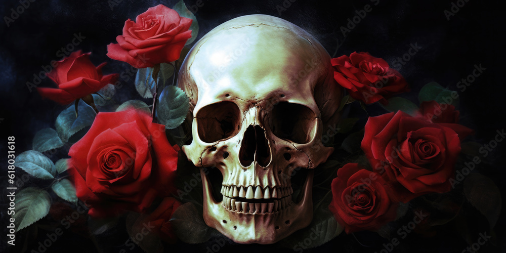 Skull and roses. Digital art. Generative AI. Skull and roses. Digital art. Generative AI.