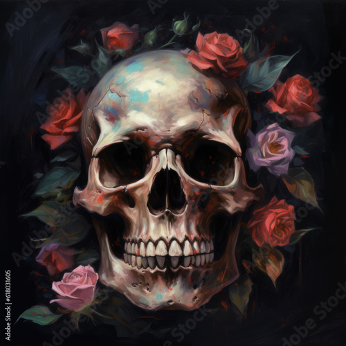 Skull and roses. Digital art. Generative AI. © Cridmax