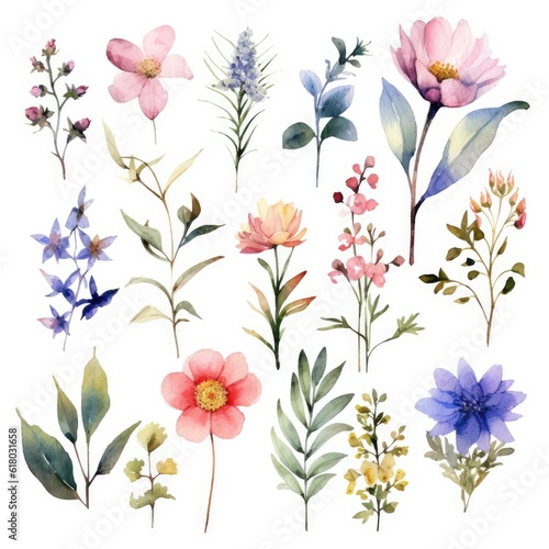 Wallpaper Mural Watercolor flowers. Set Watercolor of multicolored colorful soft flowers. Flowers are isolated on a white background. Flowers pastel colors.  Torontodigital.ca