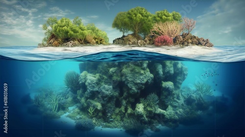 Tropical island in the sea and water line with beautiful corals and plants and algae underwater. AI generated