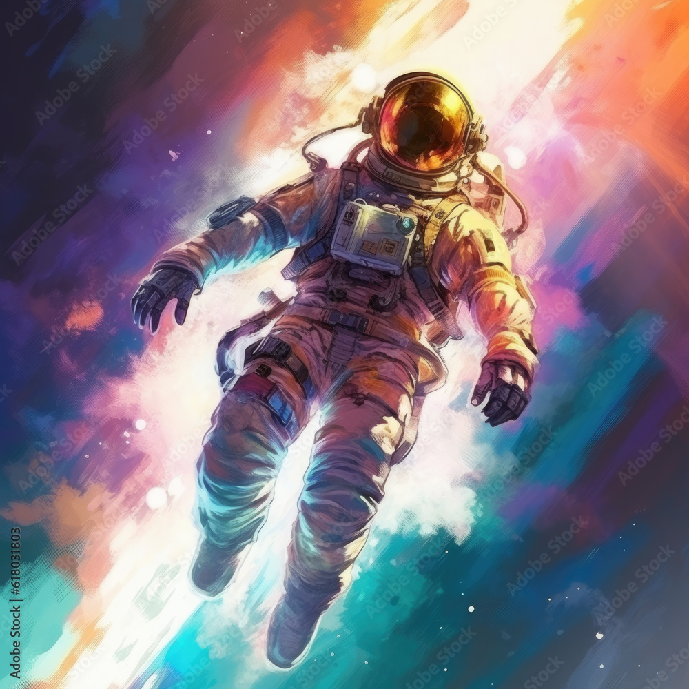 Soaring astronaut on a colored background. Digital art. Generative AI. Soaring astronaut on a colored background. Digital art. Generative AI.