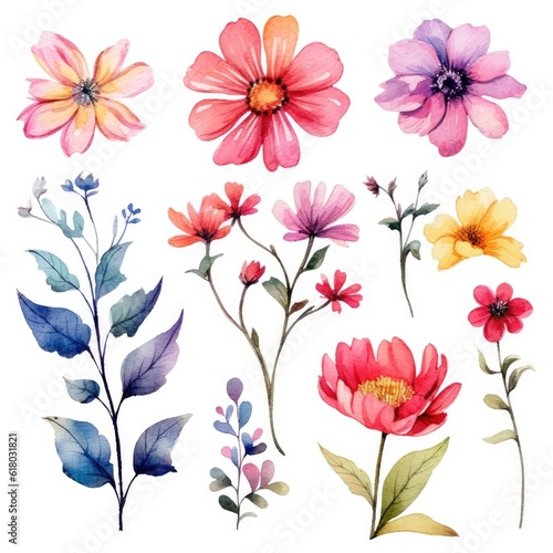 Watercolor flowers. Set Watercolor of multicolored colorful soft flowers. Flowers are isolated on a white background. Flowers pastel colors.  © Nikolai